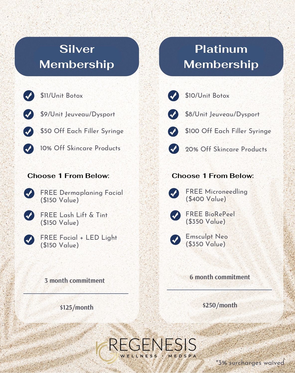 Membership options for skincare and wellness services.