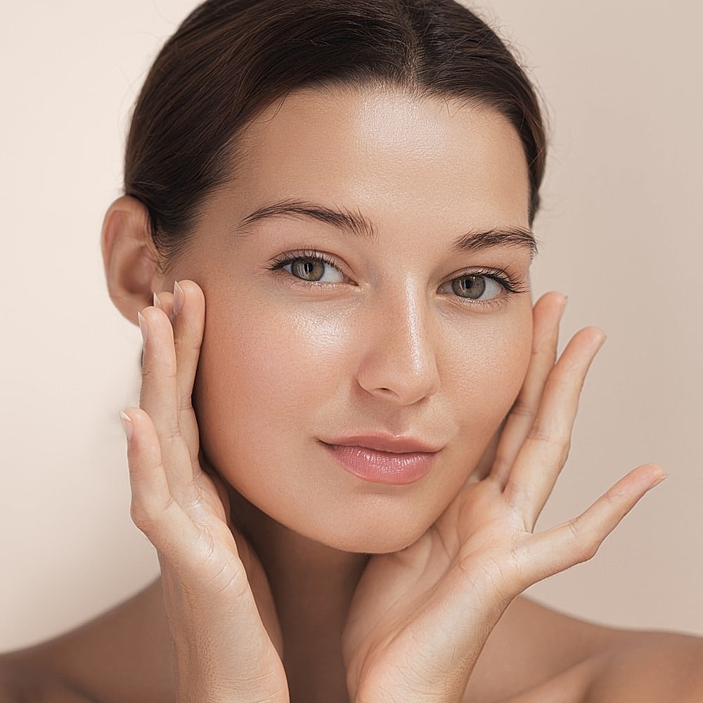 Woman gently touching her face, natural beauty.